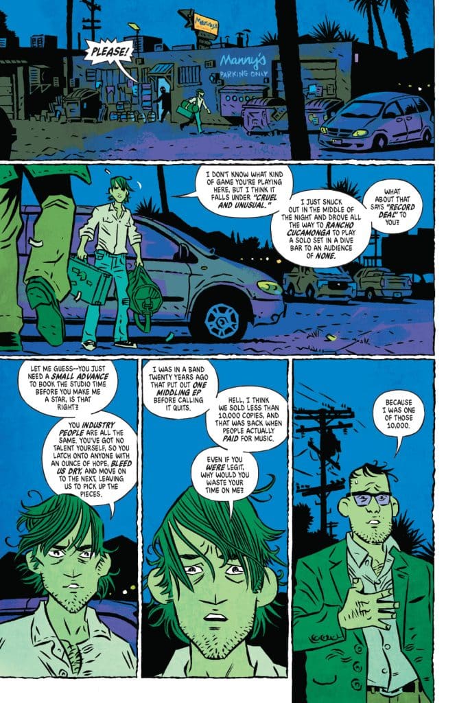 A comic panel depicting two characters engaged in an intense conversation at night. The background features a parking lot with a sign for 'Manny's' and several cars. One character, wearing casual clothing, looks frustrated and holds a green bag, while the other, dressed in a suit, appears to be defending himself. Their dialogue revolves around music industry challenges and past experiences.