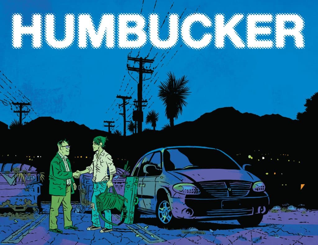 A vibrant illustrated scene featuring two men shaking hands in front of a parked minivan, with a colorful backdrop of palm trees and mountains under a blue sky, titled 'HUMBUCKER'.