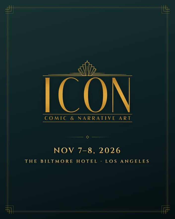 Logo for ICON Comic & Narrative Art event, scheduled for November 7-8, 2026 at The Biltmore Hotel, Los Angeles.