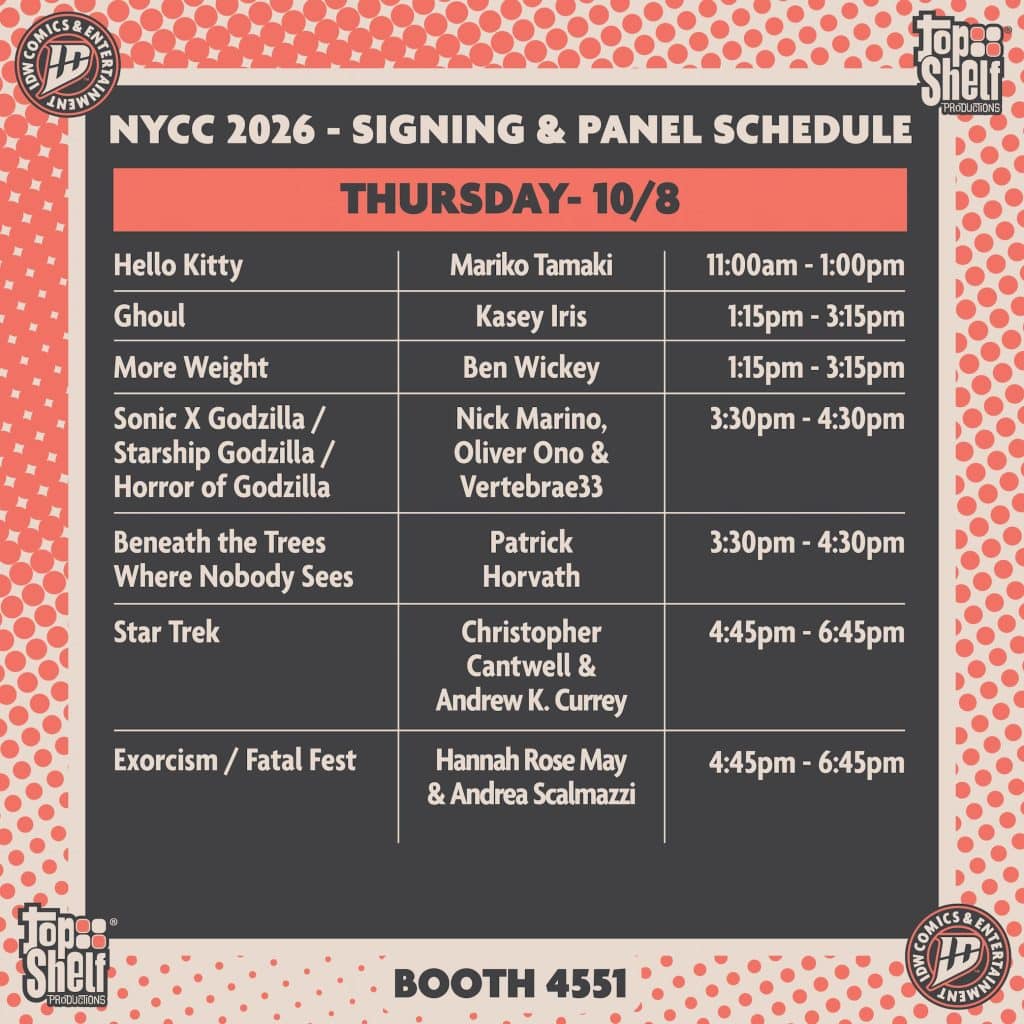 Schedule for NYCC 2026 signing and panel events on Thursday, 10/8, featuring guest names, time slots, and booth number.
