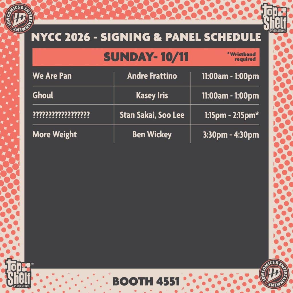 Schedule for NYCC 2026 signing and panel events on Sunday, October 11, including times and featured guests.