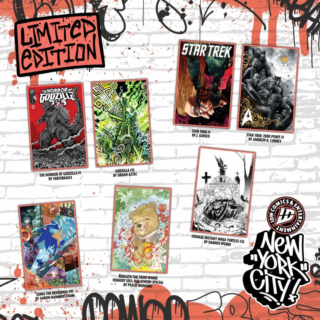 A collage of comic book covers featuring titles such as 'The Horror of Godzilla,' 'Godzilla,' 'Star Trek,' 'Teenage Mutant Ninja Turtles,' 'Sonic the Hedgehog,' and 'Beneath the Trees Where Nobody Sees.' The design includes a graffiti-style background with 'Limited Edition' and 'New York City!' text.