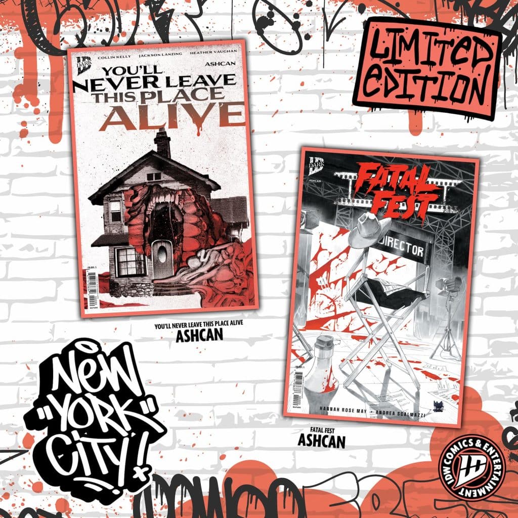 Cover of 'You'll Never Leave This Place Alive' Ashcan featuring a haunted house with a monstrous mouth, and the title in bold red letters.