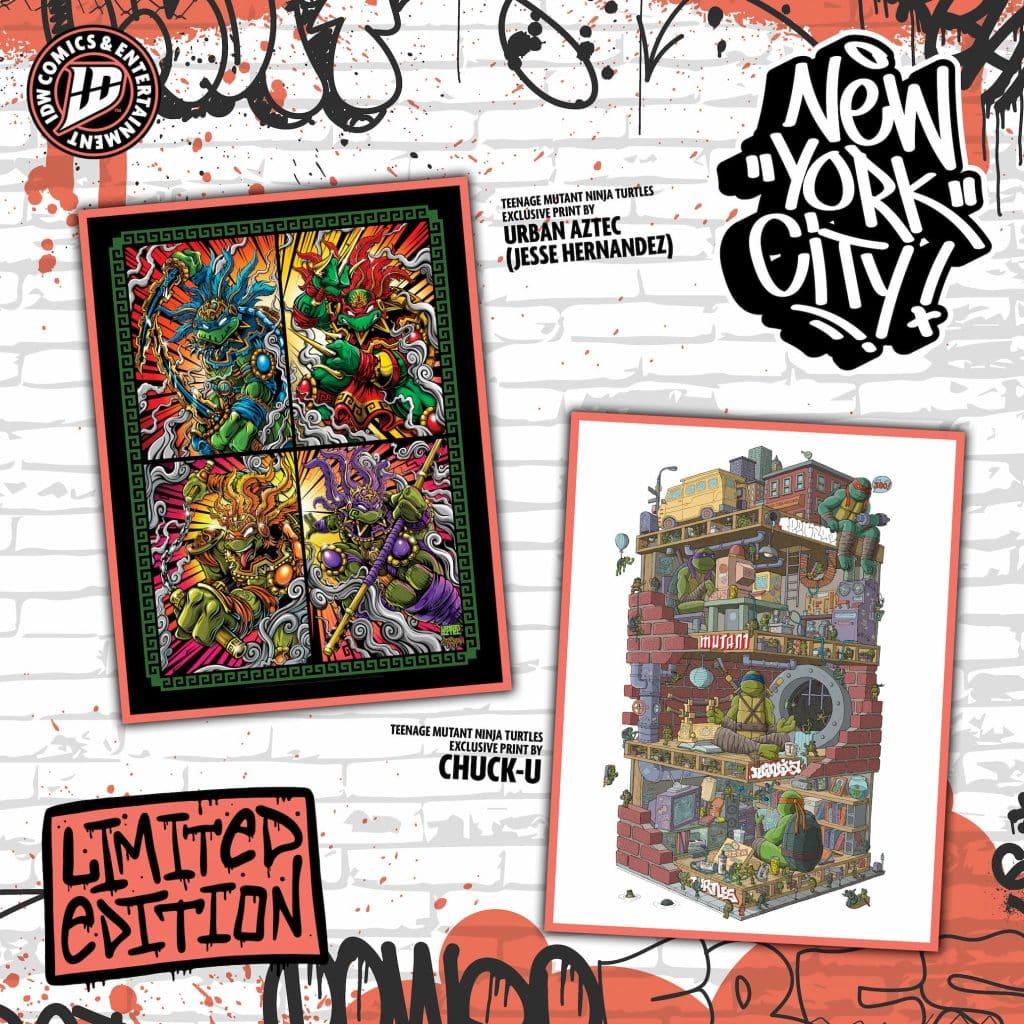 A vibrant, limited edition print featuring the Teenage Mutant Ninja Turtles by artists Urban Aztec and Chuck-U, displayed against a graffiti-style background, highlighting the urban theme of New York City.