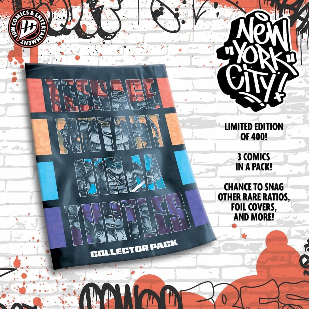 A limited edition collector pack of Teenage Mutant Ninja Turtles comics, featuring vibrant colors and graffiti-style text against a brick wall background. The pack includes three comics and highlights a limited edition of 400 with the opportunity to obtain rare items.