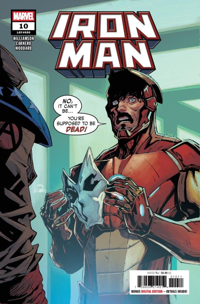 Cover of Iron Man comic issue #10 featuring Iron Man in a shocked expression holding a mask, with speech bubbles expressing disbelief. The background shows a character in dark attire.