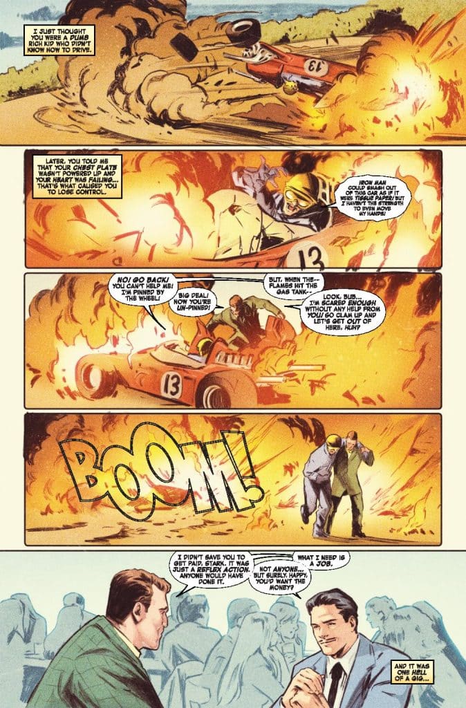 Comic book page featuring a dramatic racing scene with cars in motion, dust and flames, and dialogue between characters.
