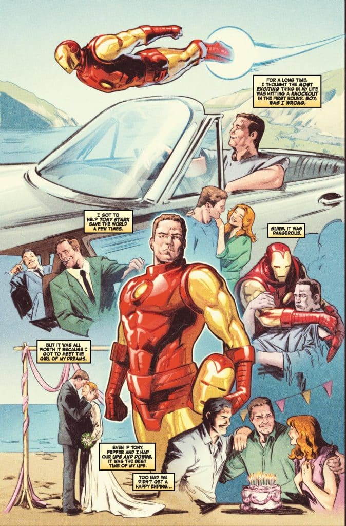 Comic book panel featuring Iron Man flying above a convertible near a beach.
