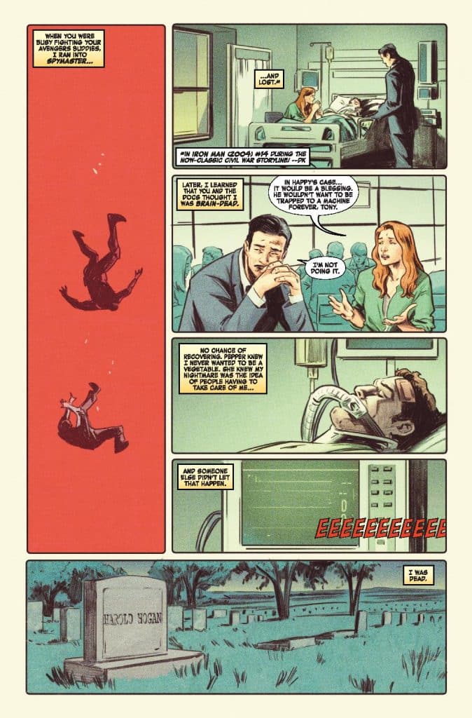 Comic panel featuring a character reflecting on past events, with a hospital scene and graveyard in the background. The character is expressing distress over a medical situation and contemplating death.