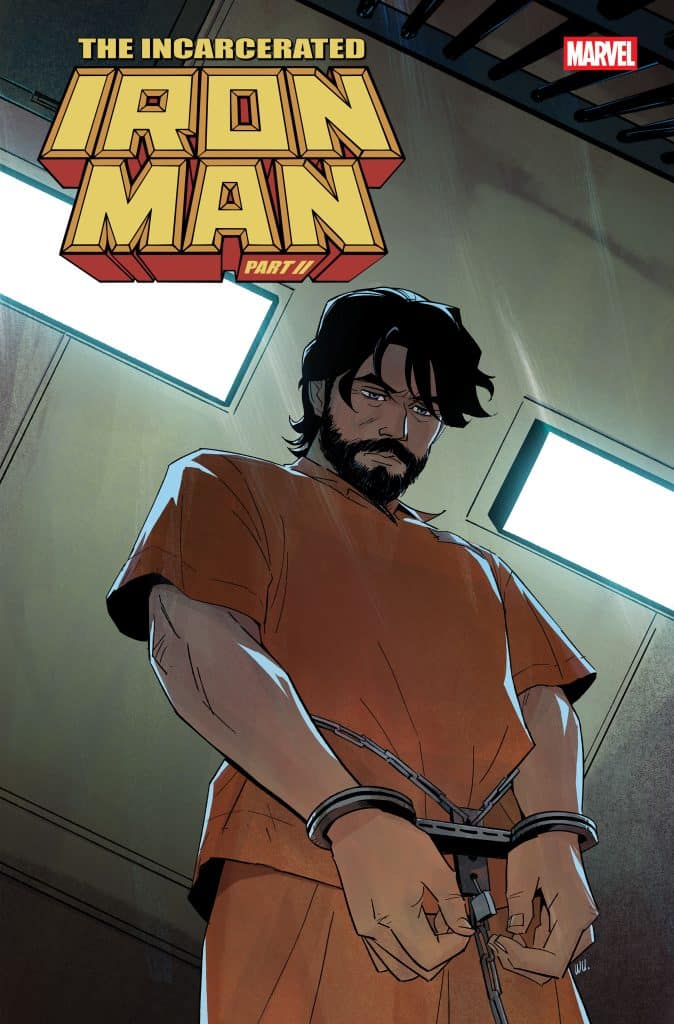 An illustration from the comic 'The Incarcerated Iron Man Part II' featuring a man wearing an orange prison uniform and handcuffs, looking down pensively in a dimly lit room.