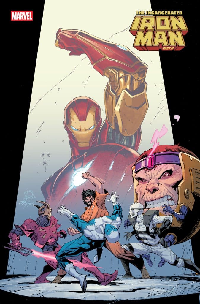 A comic book cover featuring Iron Man and several characters engaged in a dramatic action scene, with Iron Man prominently in the background, illuminated by light.