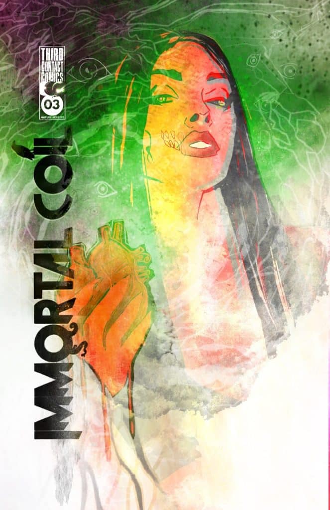Artistic illustration of a woman with flowing hair and an ornate heart, featuring vibrant green and orange colors, with abstract patterns in the background. The title 'IMMORTAL' is prominently displayed.