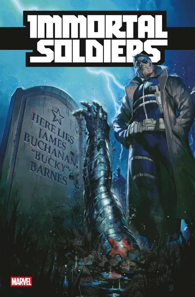 Comic cover featuring a character in a trench coat standing by a gravestone that reads 'Here Lies James Buchanan "Bucky" Barnes,' with a robotic arm emerging from the ground and dark, stormy skies in the background.