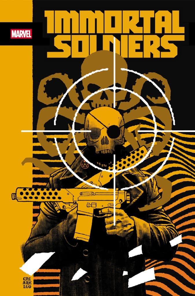 A stylized comic book cover featuring a character with a skull face holding a machine gun, against a background of yellow and black patterns, with the text 'Immortal Soldiers' at the top.