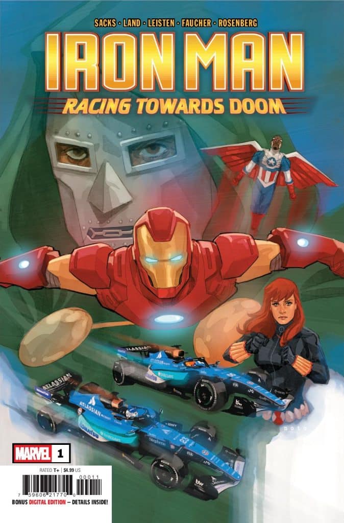 Cover of 'Iron Man: Racing Towards Doom' comic featuring Iron Man, Dr. Doom, and a female character in a racing context with two blue race cars.