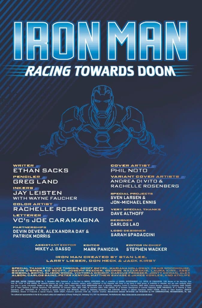 Promotional poster for 'Iron Man: Racing Towards Doom' featuring the title and credits, including writer Ethan Sacks and cover artist Phil Noto.