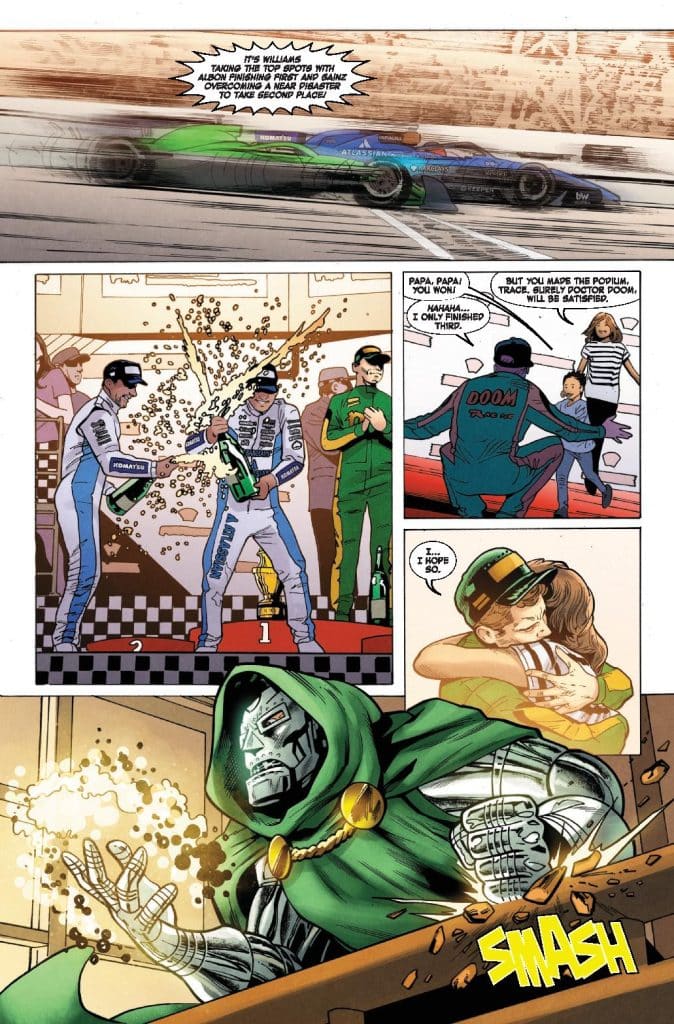 A comic page depicting a racing scene with a car speeding past the finish line, celebrating drivers spraying champagne on a podium, and a character in a green cloak observing the event while casting a spell.