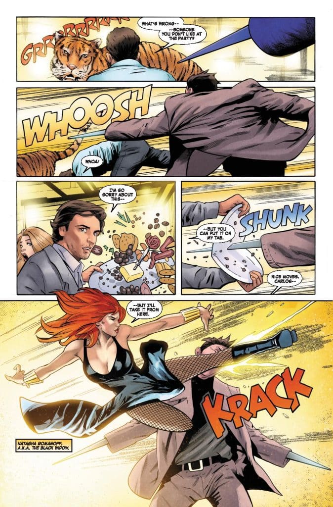 A comic book page featuring a scene at a party with a tiger, a man reacting to the tiger, and a woman with red hair performing a kick. The panel includes speech bubbles with dialogue, showcasing an action-packed moment.