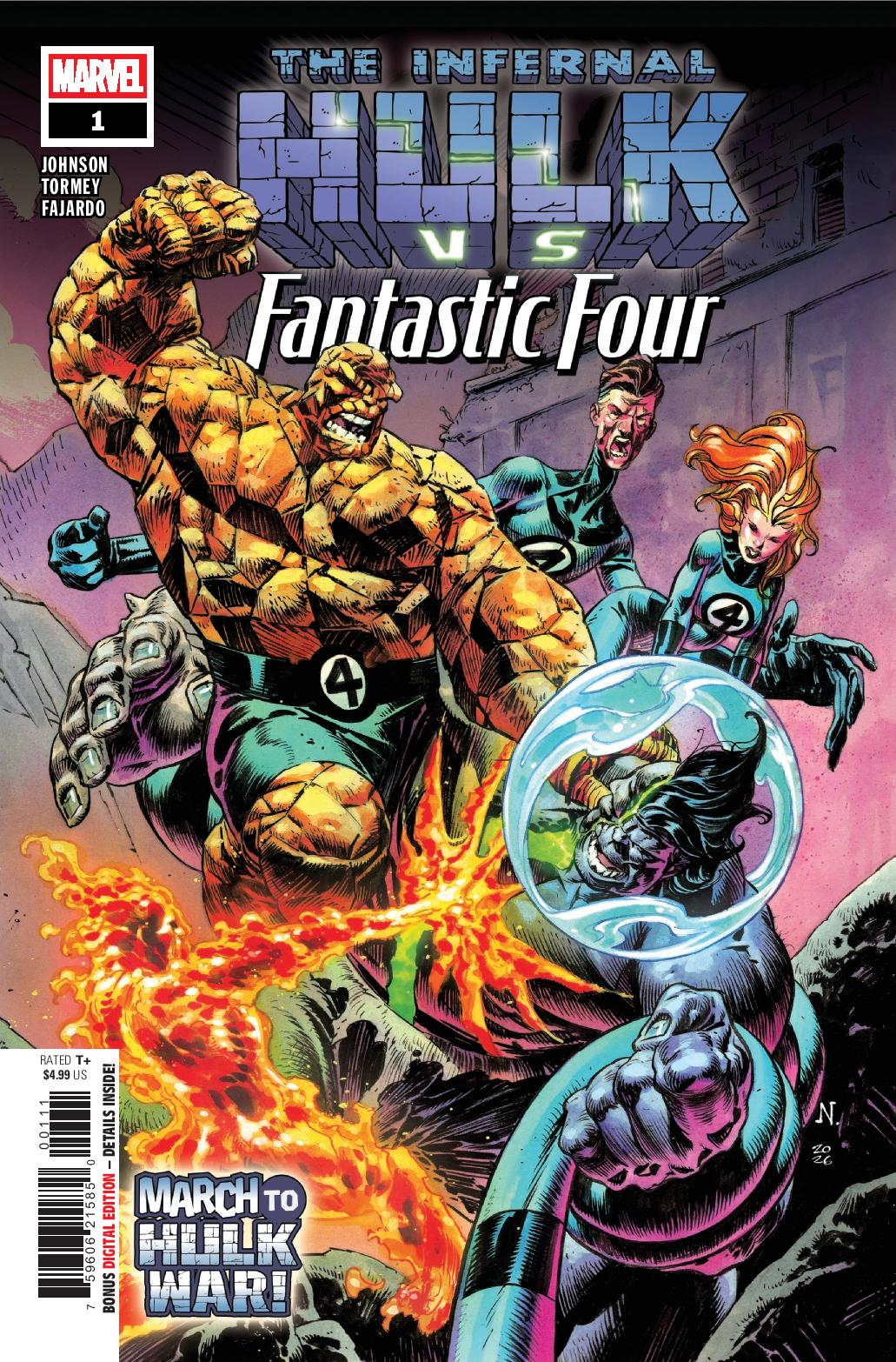 Comic book cover depicting the Hulk battling the Fantastic Four, with the characters prominently displayed against a colorful background featuring action and explosions.