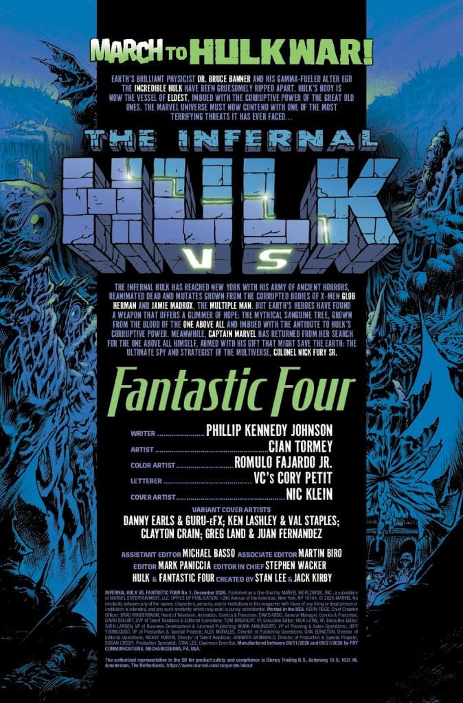 Comic book cover featuring 'The Infernal Hulk vs. Fantastic Four', with bold typography and illustrations of the Hulk and various characters. The background includes dark, ominous hues with depictions of ancient horrors and mutants.
