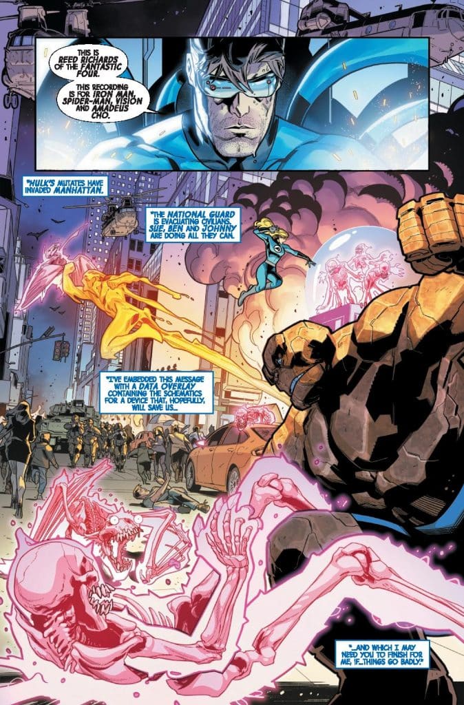 A comic book scene depicting a superhero with blue costume and goggles, talking about a crisis with monstrous villains attacking Manhattan. In the background, a chaotic cityscape shows civilians in distress, military presence, and the superhero team including characters like Spider-Man and Iron Man. Pink and yellow energy figures represent villains, while a large, rocky figure is prominent in the foreground.