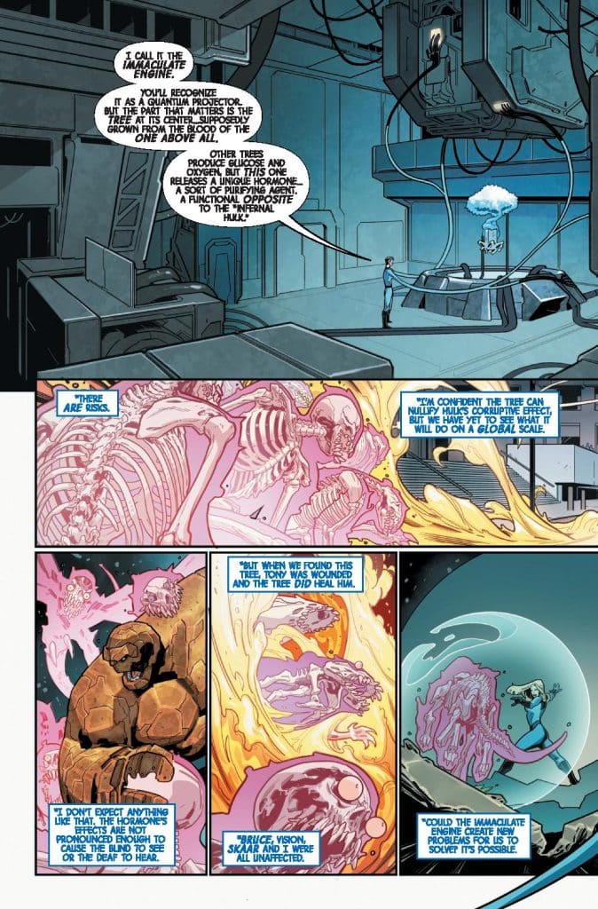 A comic book page featuring a high-tech laboratory with characters discussing a mysterious 'Immaculate Engine' related to a unique tree and its effects. The top panel shows a character explaining the tree's capabilities, while the bottom panels depict other characters expressing concerns about its effects on them.