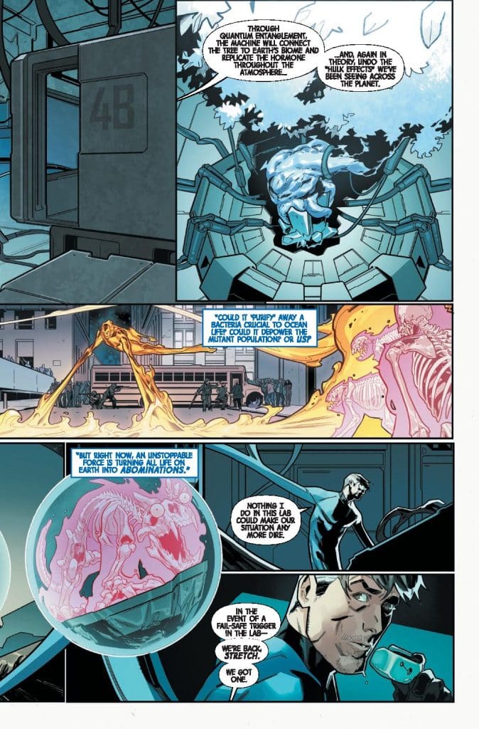 A comic book panel depicting a high-tech laboratory with a glowing machine and characters discussing a critical situation. One character expresses concern about a force transforming life into abominations, while another suggests a solution. Various scientific elements and dramatic expressions add to the tension.