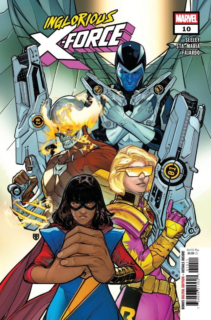 Cover of 'Inglorious X-Force' issue 10 by Marvel, featuring four characters in dynamic poses: a character with black hair in a superhero costume, a flaming skull, a character with blue skin and cybernetic features, and a character with blonde hair wearing sunglasses, all depicted against a colorful background.