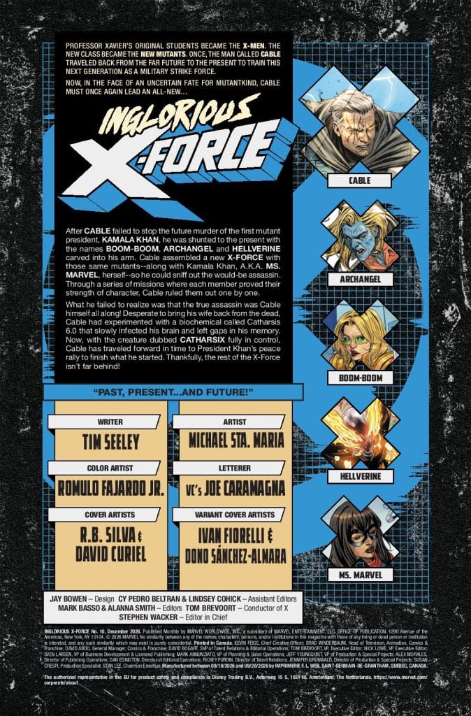 Back cover of the comic book 'Inglorious X-Force' featuring characters Cable, Kamala Khan, Archangel, Hellverine, Boom-Boom, and Ms. Marvel, along with publication details and credits.