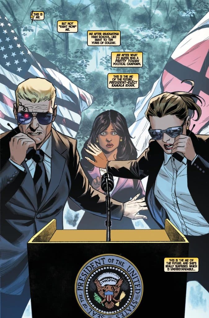 Three characters stand at a podium with the presidential seal, surrounded by U.S. flags. A man in sunglasses appears serious, a woman with dark hair looks concerned, and another woman with light hair is confident. The scene suggests a political announcement regarding a presidential election.