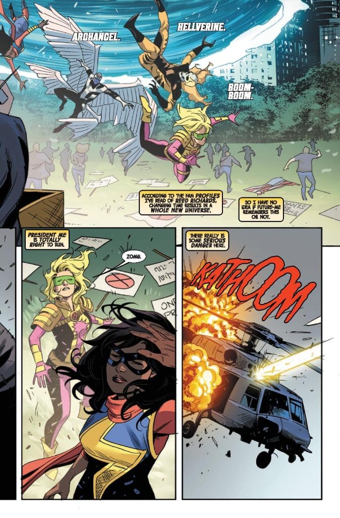 A comic book scene featuring several characters, including Archangel, Hellverine, and Boom-Boom, amidst chaos as a helicopter explodes. The character Ms. Marvel is depicted with a concerned expression, while others react to the unfolding danger.