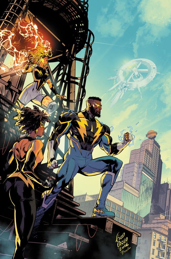 Three superheroes posed dramatically on a rooftop, with a city skyline in the background. The central figure, a muscular man with lightning motifs on his attire, holds a glowing object in one hand, while another superhero, a woman with fiery powers, stands beside him. The scene is vibrant and dynamic, showcasing a sense of energy and action.