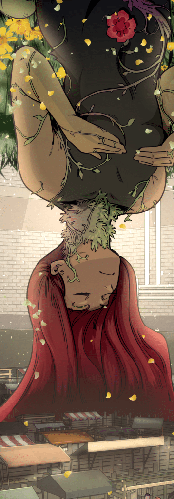 A visually striking illustration featuring a figure with long red hair and green foliage intertwined with their body. The character is depicted upside down, surrounded by yellow petals and vivid flowers, set against a backdrop of a city landscape with buildings and market stalls.