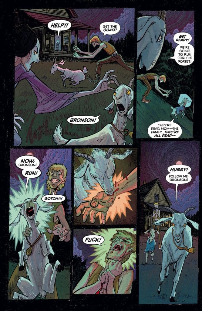 A comic panel depicting a chaotic scene with characters shouting for help while goats scatter. One character is urging another, Bronson, to run, while a goat looks distressed. The background shows a house and a dark sky, creating a tense atmosphere.