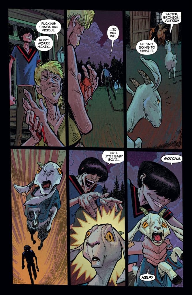 A comic panel featuring two characters reacting to a situation involving goats, with one character appearing distressed and another holding a goat, while different expressions and dialogue convey tension and humor.