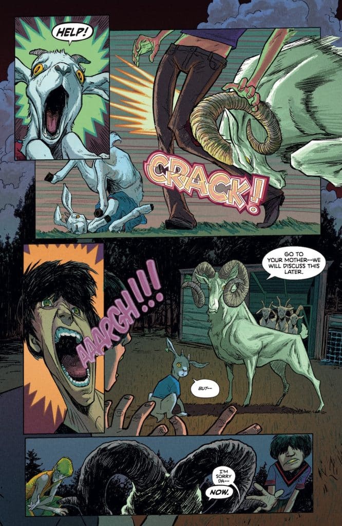 A dramatic comic panel featuring a goat screaming for help, along with an intense scene where a character reacts with alarm. Another character is shown with a shocked expression, while a large ram looms in the background, set against a dark, moody landscape.