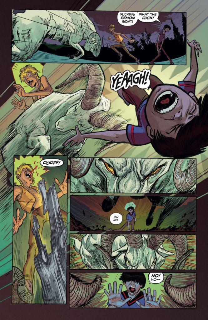 Comic panel depicting a scene of chaos with characters reacting to a large, monstrous goat. One character is screaming, while another looks terrified, and a third is falling. The goat appears menacing with intense features, set in a dramatic background.