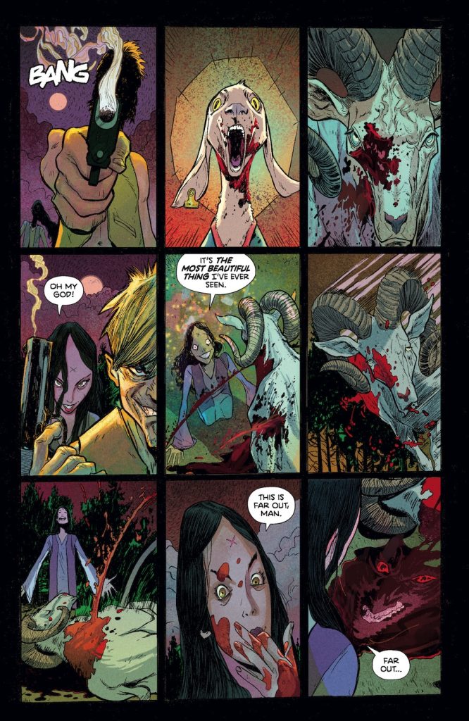 Comic panel depicting a surreal and disturbing scene with characters reacting to a violent event.