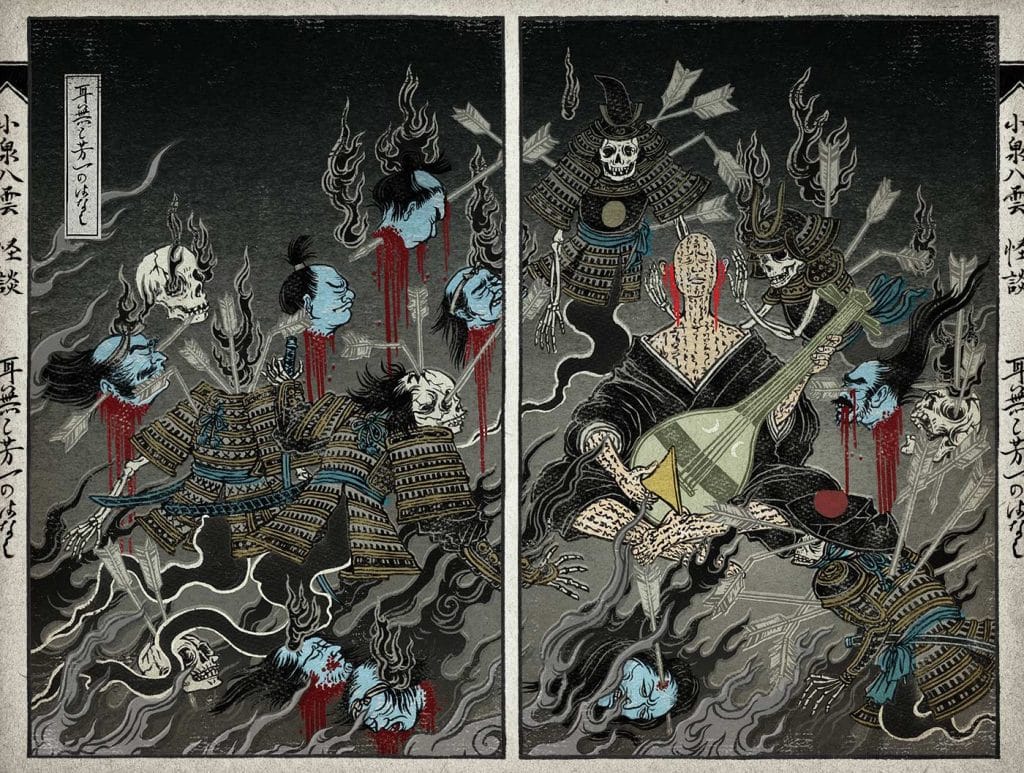 A dark-themed artwork featuring ghostly samurai with blue faces and blood, arrows piercing through skulls, and a central figure playing a traditional instrument amidst a haunting atmosphere.