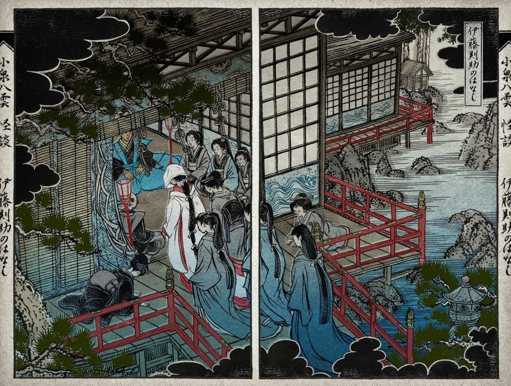 A traditional Japanese scene featuring several figures in historic attire gathered around a table, with a detailed background of a wooden structure and a serene natural landscape, including water and rocks.