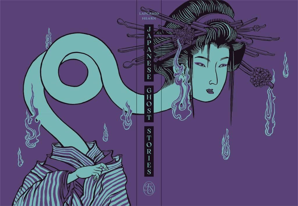 Cover of 'Japanese Ghost Stories' featuring an illustration of a woman with flowing hair and an ethereal serpent. The background is purple, and there are ghostly flames around the figure.