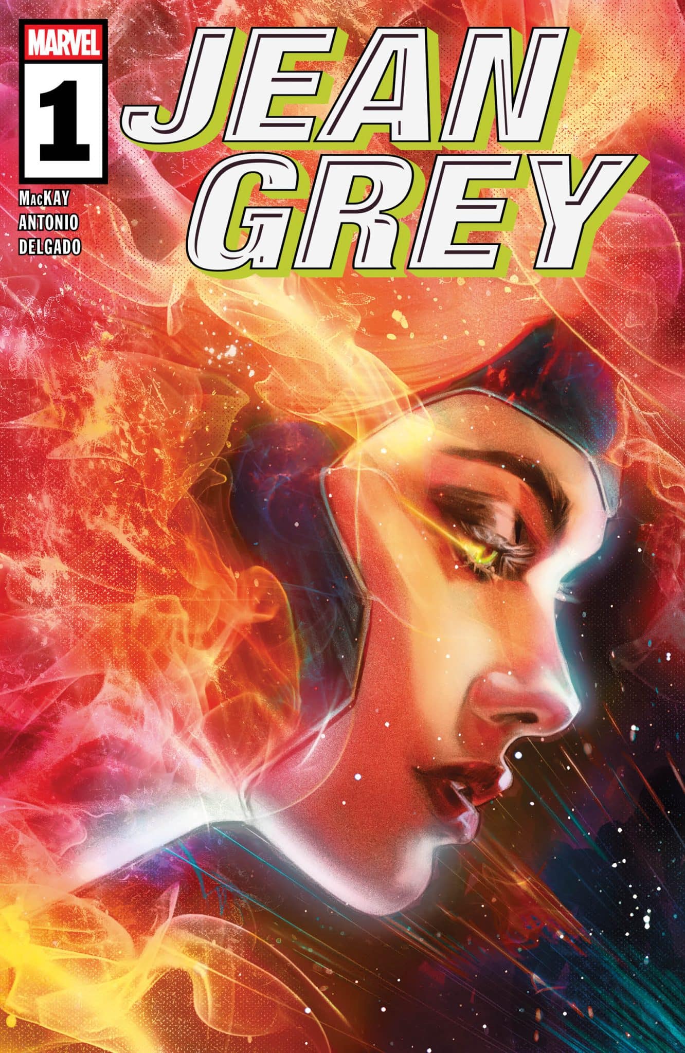 Cover of 'Jean Grey' comic book featuring a stylized portrait of Jean Grey with colorful, fiery effects in the background.