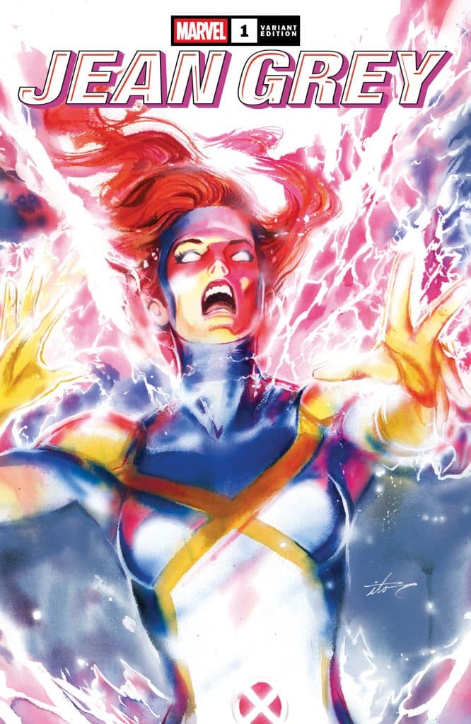 Cover art of 'Jean Grey' comic issue #1 featuring a dynamic illustration of Jean Grey with fiery red hair, showcasing her powers with an intense expression.