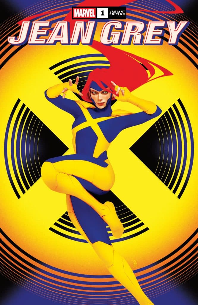 Comic book cover featuring Jean Grey from Marvel, in a yellow and blue costume, striking a dynamic pose against a vibrant background with circular patterns.