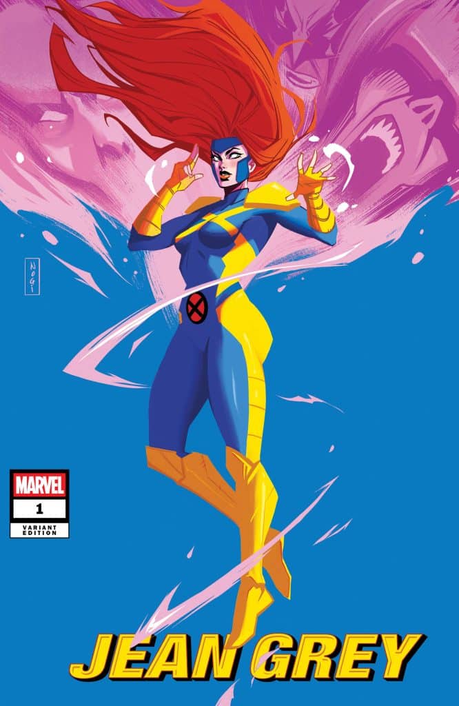 An illustration of Jean Grey, a character from Marvel Comics, depicted in a superhero costume primarily in blue and yellow. She is shown with flowing red hair and has a confident expression while using her telekinetic powers. The background features a dynamic pink and blue design.