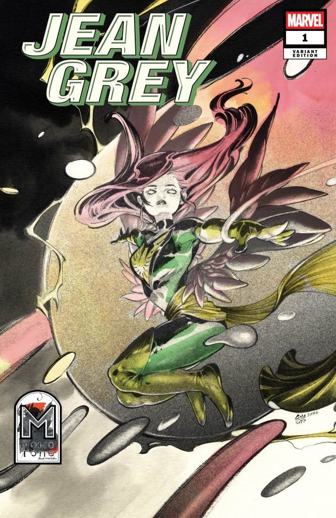 Cover art for the comic book 'Jean Grey', featuring the character in a dynamic pose surrounded by colorful energy and abstract shapes.
