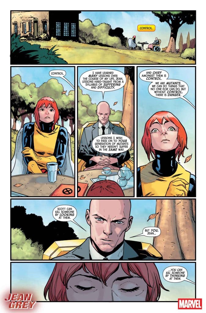 A comic book page featuring Jean Grey and Professor X discussing the themes of control and the dangers of their mutant abilities. Jean is depicted with red hair and a yellow and black costume, while Professor X wears a suit.