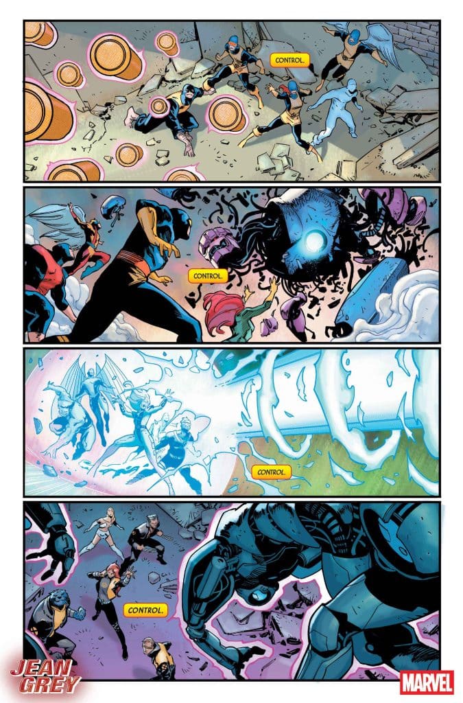 Comic panel featuring multiple superheroes engaged in battle, with action sequences showing powers and movement. The word 'CONTROL' appears prominently in yellow text throughout.