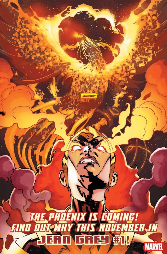 Comic book cover featuring Jean Grey with fiery red hair, looking upwards with intense expression as the Phoenix symbol emerges in the background, surrounded by vibrant colors and clouds of smoke. Text at the bottom announces 'The Phoenix is coming! Find out why this November in Jean Grey #1!'