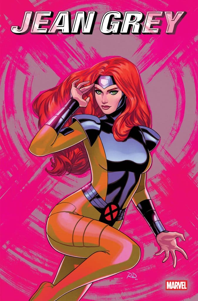 Illustration of Jean Grey, a superheroine in a colorful costume, featuring long red hair and a confident pose, against a bright pink background with the text 'JEAN GREY' at the top.